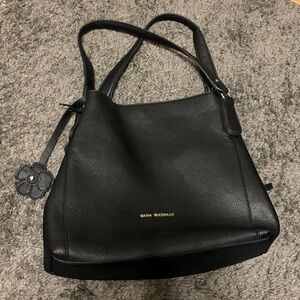 Dana Buchman Black Pebbled Leather Shoulder Tote with Floral Charm